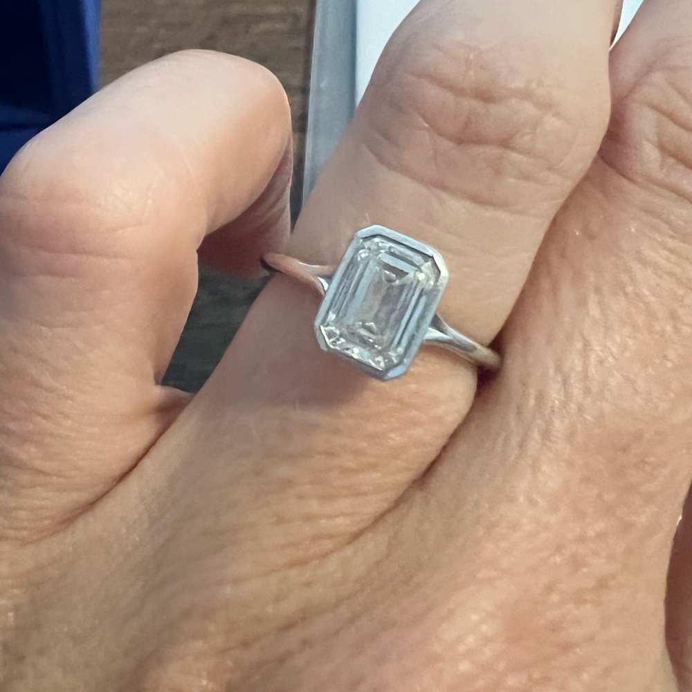 Frank Darling Engagement Ring Emerald Cut Diamond Breezy Bezel Platinum IGI 1.71